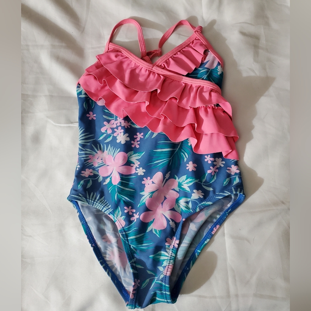 Girls swimsuit whole piece sz 3/4 hibiscus flowers pink ruffles new howjojo